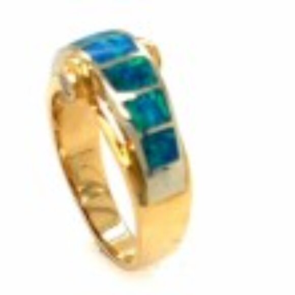 14K Opal Diamond Yellow Gold Dome Size 7. 3/4 Stunning Turquoise Blue Ring - Picture 4 of 5